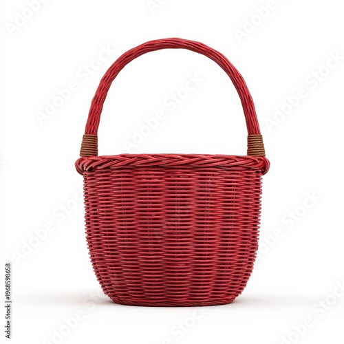 Empty red wicker basket isolated on white background for picnic Easter shopping gift display fruit vegetable storage handmade craft container