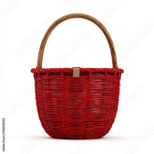 Red wicker picnic basket isolated on white background handle storage container empty hamper for groceries shopping farmers market or gifts