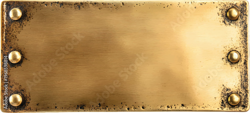 photo of a brass name plate with rivets on the corners, isolated against a transparent background