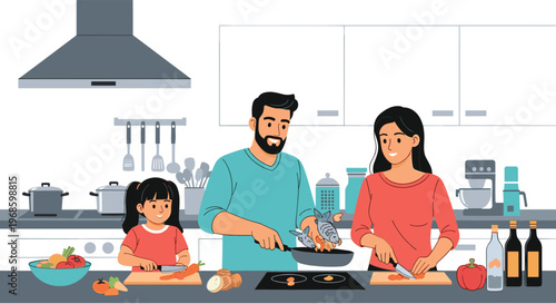 Happy family cooking a healthy meal together in a modern kitchen while preparing vegetables and fresh fish for dinner.