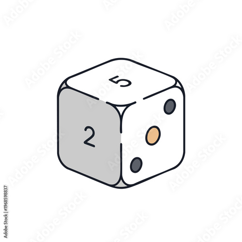 A single white die shows a 5 on top, a 2 on the left, and a 3 on the front