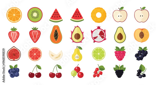 A vibrant collection of various whole and sliced fruits, including citrus, berries, tropical, and stone fruits, presented in a flat design style.