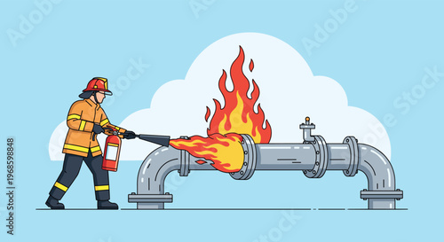 Brave firefighter using a fire extinguisher to control a dangerous blaze on an industrial pipeline system outdoors.