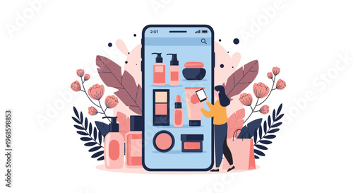 Woman browsing and buying cosmetic products from an online store using a mobile app on her smartphone screen.