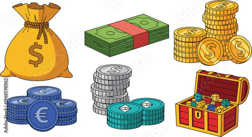 Global Currency and Wealth Vector Icon Set Featuring Dollar Money Bag, Stacked Gold Coins, Euro Symbols, Digital Tokens, Banknotes, and Treasure Chest for Finance