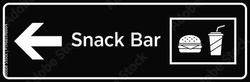 Snack Bar Directional Sign with Left Arrow Icon and Fast Food Symbols for Wayfinding, Restaurant Navigation, Menu Guidance, and Public Space Signage Design