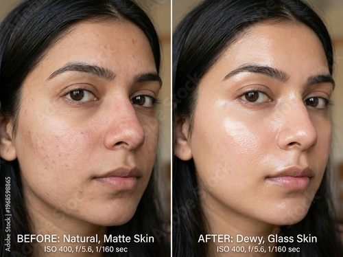 Before and After Skincare Transformation: Natural Skin Texture Pores and Redness vs Hydrated Radiant Glass Skin Glow. Beauty Treatment Comparison, Facial Care, Dermatology, Healthy Glowing Skin. Asia