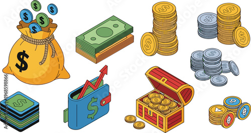 Financial Management Vector Icon Set Featuring Money Bag, Isometric Gold Coins, Treasury Chest, Wallet with Growth Arrow, and Banknotes for Business Investment