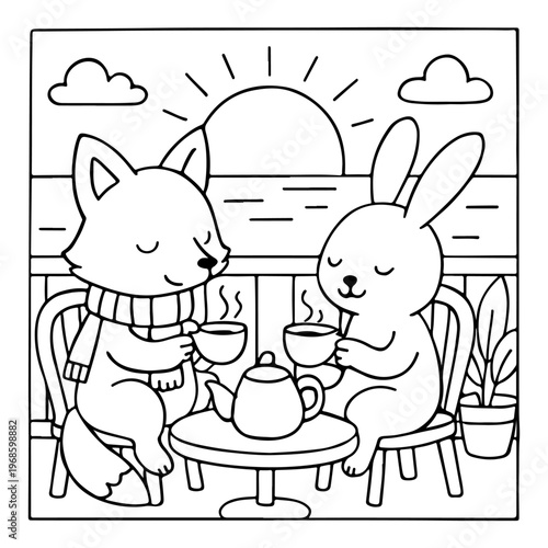 Fox and Rabbit Comfy days cute and comfy cozy coloring pages