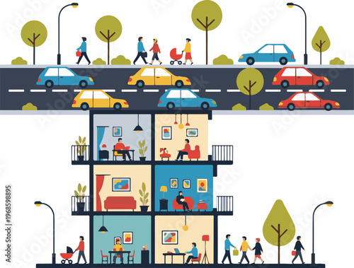 A vibrant illustration of urban living with people going about their daily lives