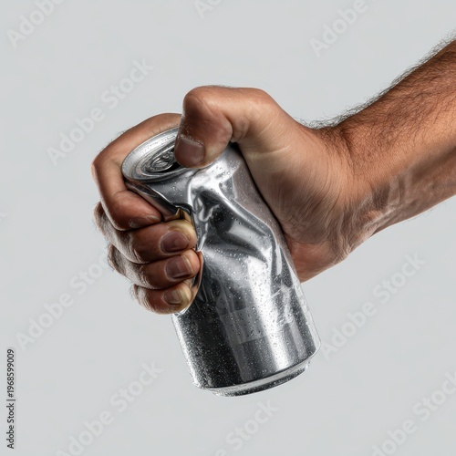 Man's hand crushing wet aluminum soda can for recycling or waste management against a white background for sustainability concepts