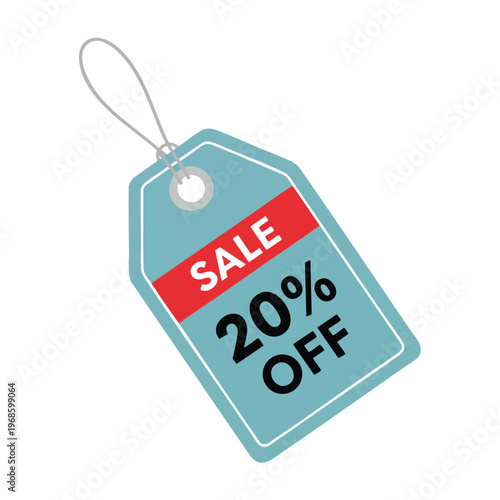 Teal tag with red stripe announces "SALE 20% OFF" and is attached by a string