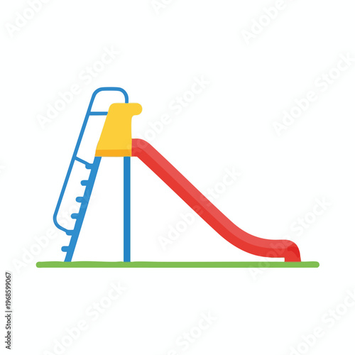 A simple red slide with blue ladder and yellow platform on grass