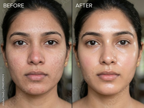 Before and After Skincare Transformation: Natural Skin Texture Pores and Redness vs Hydrated Radiant Glass Skin Glow. Beauty Treatment Comparison, Facial Care, Dermatology, Healthy Glowing Skin. Asia