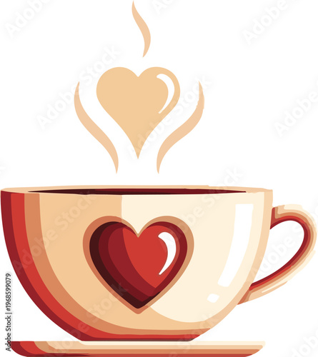 A steaming cup of coffee with a heart design on a white background