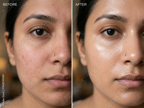 Before and After Skincare Transformation: Natural Skin Texture Pores and Redness vs Hydrated Radiant Glass Skin Glow. Beauty Treatment Comparison, Facial Care, Dermatology, Healthy Glowing Skin. Asia