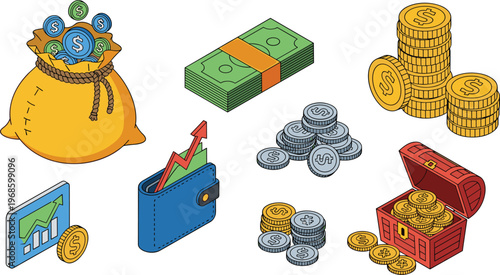 Isometric Financial Investment Vector Icon Set Featuring Money Bag, Growth Chart, Wallet with Arrow, Treasury Chest, Stacked Coins, and Banknotes for Business