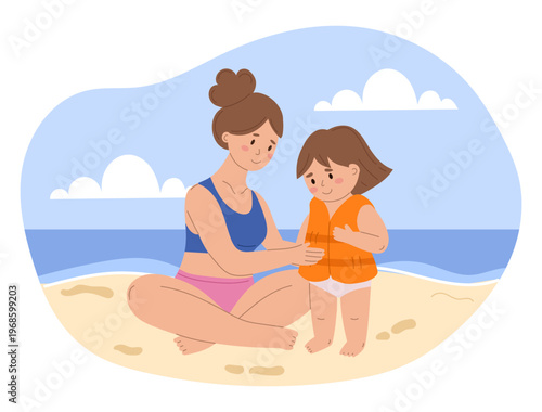 Mother putting orange life jacket on daughter for water safety. Flat cartoon illustration of life vest protection at the beach. Woman and child during summer vacation