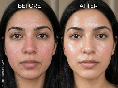 Before and After Skincare Transformation: Natural Skin Texture Pores and Redness vs Hydrated Radiant Glass Skin Glow. Beauty Treatment Comparison, Facial Care, Dermatology, Healthy Glowing Skin. Asia