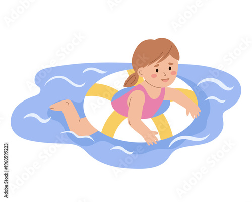 Little girl swimming with inflatable ring in the water. Flat cartoon illustration of child water safety and summer vacation. Kid playing in the sea with lifebuoy, isolated on white background.