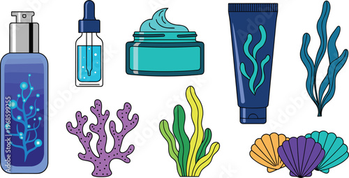 Organic Seaweed Skin Care Cosmetic Product Vector Set with Serum Bottles, Cream Jar, Coral Reef, and Seashells for Natural Beauty Branding