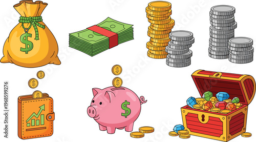 Money Saving and Wealth Management Vector Icon Set with Piggy Bank, Treasure Chest with Gems, Money Bag, Wallet, and Stacked Coins