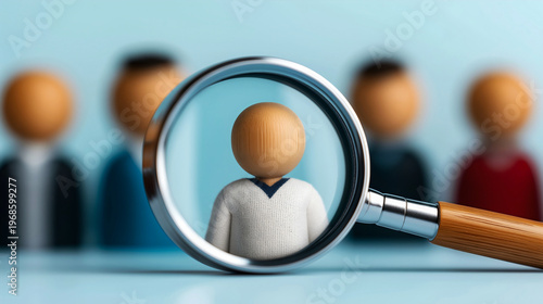 Magnifying glass focusing on a wooden figurine for human resources recruitment and high performance business concept.
