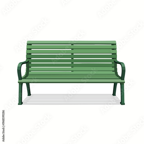 A simple green slatted park bench with curved arms, on a white background