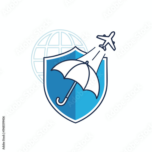 Icon of an airplane above a shield with umbrella, global protection