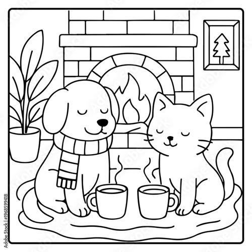 Cat and Dog Comfy days cute and comfy cozy coloring pages