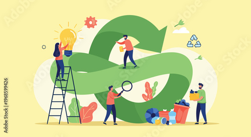 Group of people collaborating on a circular economy project to promote recycling and sustainable innovation ideas.