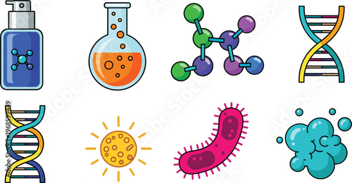 Science and Microbiology Vector Icon Set Featuring DNA Helix, Laboratory Flask, Molecular Structures, Bacteria, and Chemical Research Symbols for Education and Medical Design