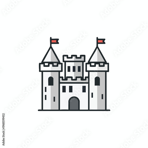A stylized, grey castle with red flags on two pointed towers