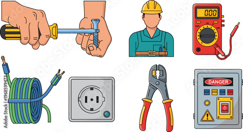 Professional Electrician Tools and Electrical Equipment Icon Set Featuring Multimeter, Plier, Wire Cable, Socket, Power Box, and Handyman for Repair Services