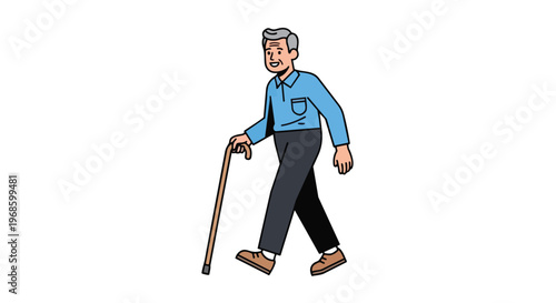 Cartoon Illustration of an Elderly Man Walking with a Cane