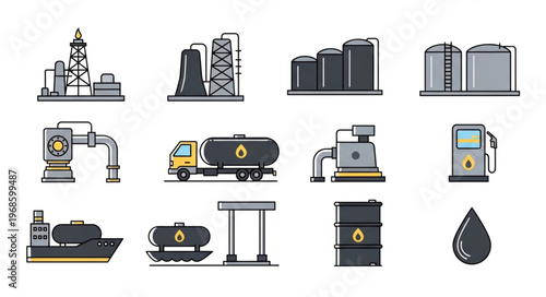Oil Industry Icons - Refinery, Tanker, Truck, and Gas Station.