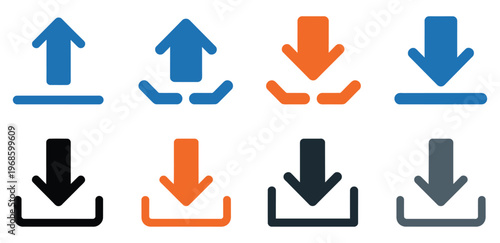 Upload and download icons set, blue, orange, black, gray arrows, rank titles system, performance levels, progress indicators, achievement hierarchy, status visualization, file transfer, cloud, and dat