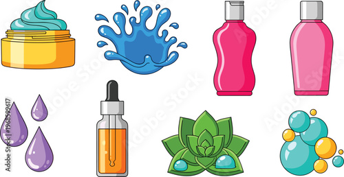 Skincare and Beauty Product Icon Set Featuring Cosmetic Cream Jars Serum Pipettes Water Splashes Aloe Vera and Essential Oil Bottles for Wellness Designs
