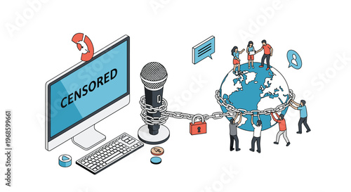 Chained globe and microphone representing the restriction of internet freedom and freedom of speech through censorship.