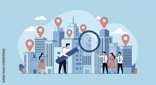 Large magnifying glass searching for specific locations and buildings within a modern city map for urban planning.