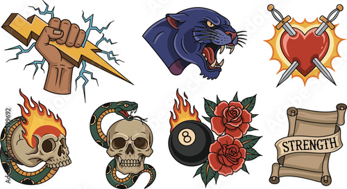 Vintage American Traditional Tattoo Flash Vector Set Featuring Skull Snake Panther Heart Daggers and Roses for Retro Graphic Design and Apparel