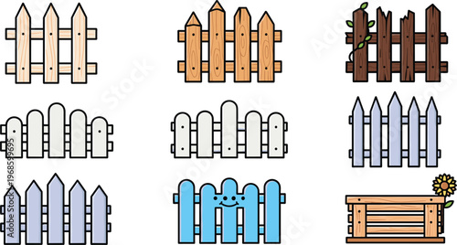 Wooden Fence and Picket Gate Icon Set Featuring Various Designs Like Rustic Wood, White Painted, Garden Borders, and Cute Cartoon Style Illustrations for Landscaping Concepts