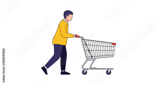 Young man pushing a shopping cart, flat vector illustration
