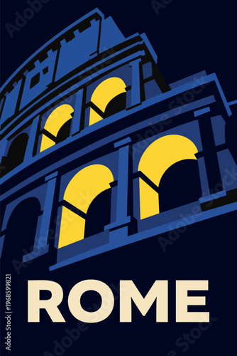 A minimalist flat vector travel poster of the Roman Colosseum arches at night with blue and yellow colors and bold typography at the bottom.