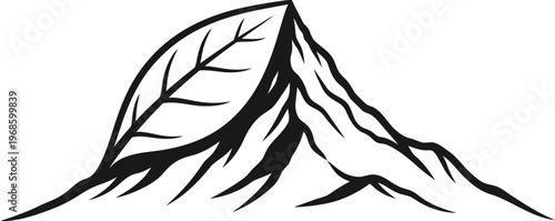 Minimalist logo design blending a mountain peak and a leaf shape, symbolizing nature, growth, environment, sustainability, and outdoor adventure.