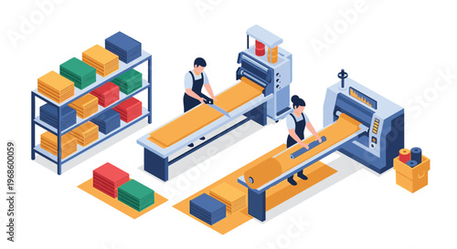 Workers operating textile machinery in a modern factory setting with rolls of colorful fabric on storage shelves.