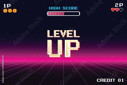 Level up. pixel art 8 bit. Retro Futurism Sci-Fi Background. glowing neon grid. and stars from vintage arcade computer games. 