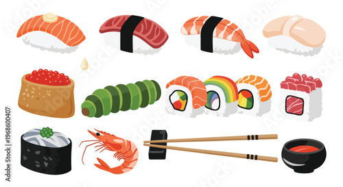 A vibrant collection of various traditional and modern Japanese sushi and sashimi dishes with chopsticks and dipping sauce.