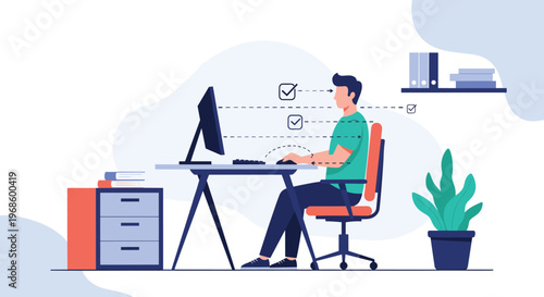 Man demonstrating correct ergonomic sitting posture at a computer desk with helpful visual guidelines for office health.