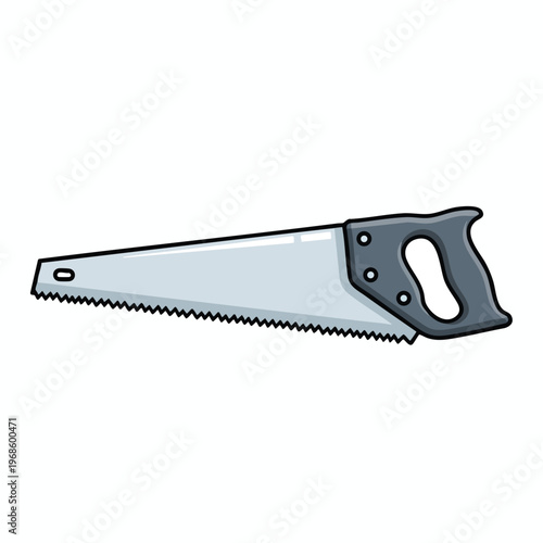 A cartoon-style hand saw with a gray handle and a silver blade featuring sharp teeth